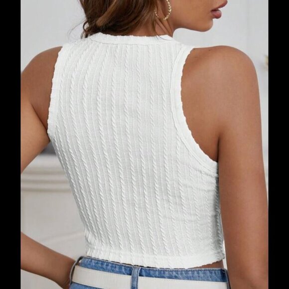 Ribbed knit cable twist textured high neck crop top tank mockneck gray - Picture 3 of 3